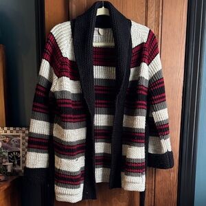 Striped Knit Cardigan with Black Tie Montgomery Ward Vintage L large acrylic